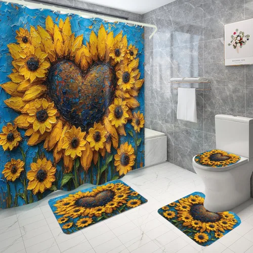 Miniatura 3 de LYFANS Juego de baño con alfombra antideslizante para inodoro, juego de cortina de ducha impermeable para bañera familiar, juego de 4 piezas
