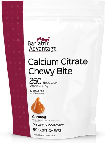 Bariatric Advantage Picaduras masticables de citrato de calcio 250 mg con vitamina D3 para pacientes de cirugía bariátrica, incluyendo bypass