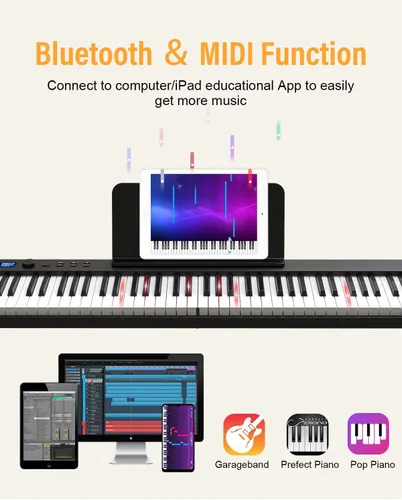 Miniatura 3 de KONIX Teclado de piano plegable, 88 teclas, teclado plegable semipesado, piano eléctrico portátil con llave de luz, pedal de sostenimiento, Negro