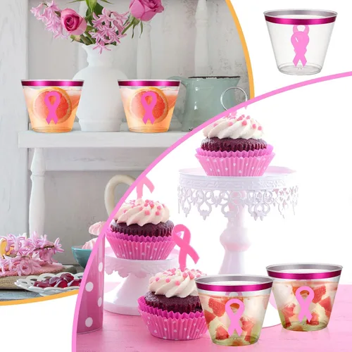 Miniatura 4 de Gejoy 50 vasos de plástico desechables de 9 onzas para concienciación sobre el cáncer de mama, con borde rosa, vasos desechables para fiestas, copas