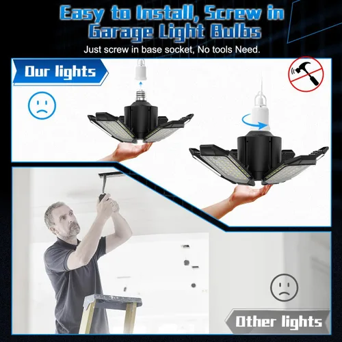 Miniatura 5 de Luz de Garaje – Bombilla de garaje súper brillante de 15000LM, equivalente a 150 W, rosca E26 con 6 paneles deformables, 6500K, luces LED de taller