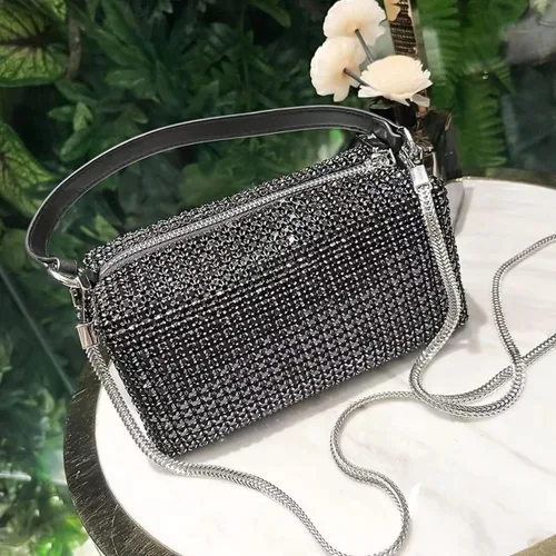 Miniatura 5 de Bolso de hombro con diamantes de imitación para mujer, bolso cruzado clásico con purpurina, bolso de noche brillante, monedero plateado de diamante