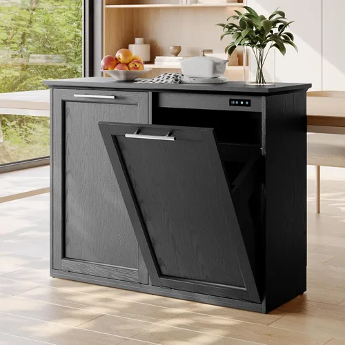 UpWiew Armario de basura abatible con instalación rápida y función desodorizante, armario de basura de madera para comedor y cocina, color negro