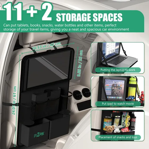 Miniatura 2 de Organizador de asiento trasero de automóvil Plzpik con soporte para tableta, 11 bolsillos de almacenamiento con bandeja plegable para alimentos
