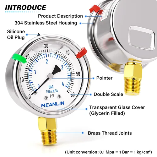 Miniatura 60 de MEANLIN MEASURE Medidor de presión de acero inoxidable relleno de líquido de 0 ~ 300 psi, esfera de cara NPT de 2 pulgadas para compresor de aire