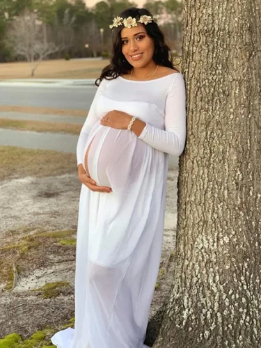 Miniatura 4 de YnimioAOX Vestido de maternidad de manga larga con hombros descubiertos para fotografía vestido de maternidad de gasa para sesión de fotos