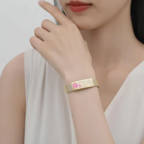Miniatura 7 de Pulsera de alerta de linfedema, ajustable, malla de acero inoxidable, sin bp, sin agujas, para mujeres, pulseras médicas de emergencia para cáncer