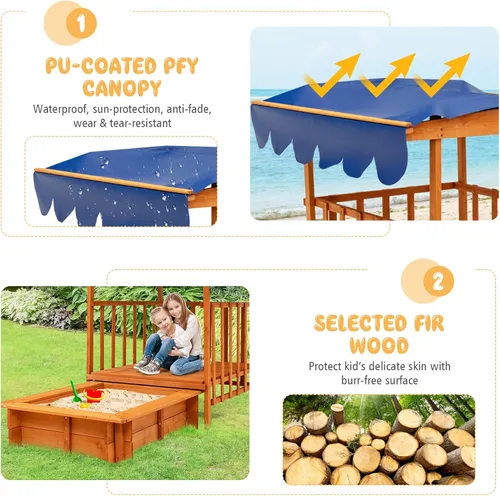 Miniatura 3 de HONEY JOY Caja de arena 3 en 1 para niños con casa de juegos y toldo, madera de cedro sin fondo para patio trasero con ruedas, barandillas