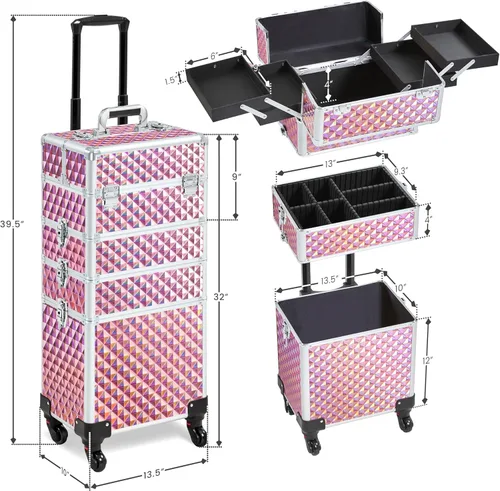 Miniatura 5 de Yaheetech Estuche de maquillaje profesional de entrenamiento 4 en 1/carrito de cosméticos rodante/estuche organizador de maquillaje/estuche de viaje