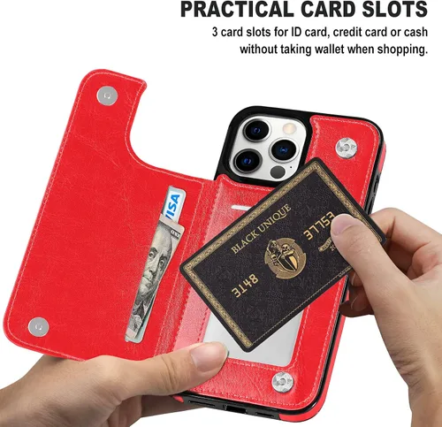 Miniatura 3 de Funda tipo cartera para iPhone 13 Pro Max, funda de piel sintética suave premium con función atril y función atril para iPhone 13 Pro Max de 6.7 Rojo