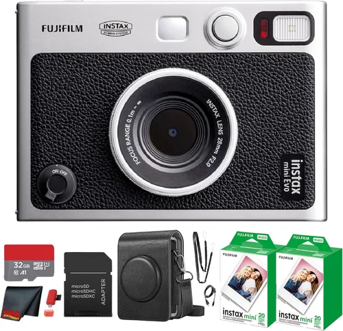 Fujifilm Instax Mini EVO Hybrid Cámara instantánea (negra) con paquete de película instantánea Instax-Mini Twin de 40 hojas + tarjeta de memoria de