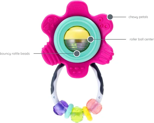 Miniatura 5 de Infantino Spin & Teethe - Sonajero gomoso de flores rosadas, fácil de agarrar, anillos masticables, pétalos multitexutre, centro de bola de rodillo