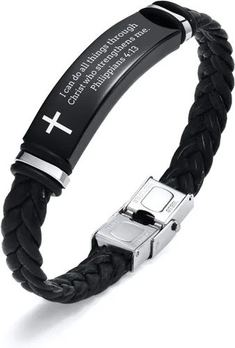 Miniatura 23 de Pulsera de cuero para hombre, regalo de sobriedad para hombre: cita inspiradora/versículo bíblico grabado, pulsera trenzada negra para hombre
