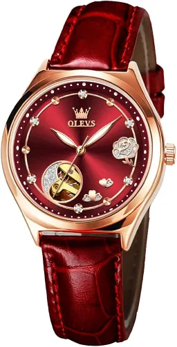 OLEVS Relojes de pulsera de vestir automáticos para mujer, correa de cuero, rosa brillante, para mujer, color rojo, vintage, tono verde,