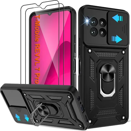 Miniatura 71 de ATUMP Funda para T-Mobile Revvl V Plus 5G con protector de pantalla HD con cubierta de cámara deslizante, soporte de anillo de rotación de 360° Negro