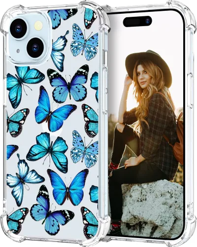 Miniatura 70 de Hungo Funda compatible con iPhone 15 Plus para mujer, diseño floral transparente, lindo, flor azul rosa Rosas Azules