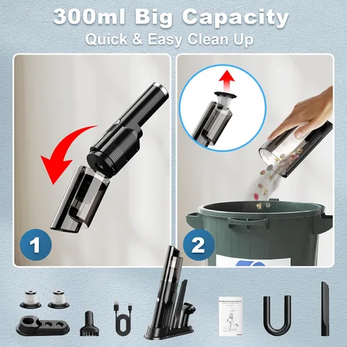 Miniatura 7 de Aspiradora de Mano Inalámbrica, Succión Potente de 10KPA Aspiradora para Coche con 2 Velocidades, Aspiradora con Base de Carga, Portátil Ligera