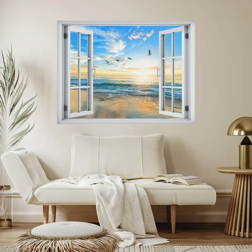 Miniatura 4 de wall26 Adhesivo de pared removible/mural de pared con vista de ventana de pájaros volando sobre la playa vibrante, orilla, puesta de sol
