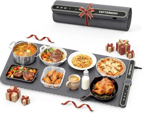 Tapete de calentamiento de alimentos extragrande, bandeja de calentamiento eléctrico de calentamiento rápido con 9 ajustes de temperatura y Gris