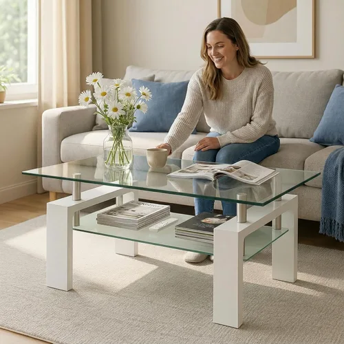 Miniatura 4 de Mesa de café de cristal para sala de estar, mesa de café moderna con tapa de vidrio templado transparente y patas de metal blanco, mesa de té