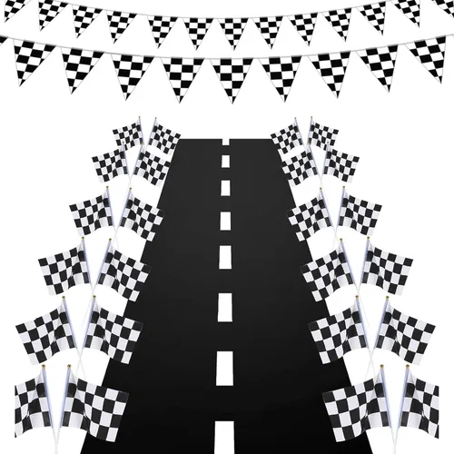 Miniatura 8 de Paquete de 6 conos de carreras naranjas de 7 pulgadas con agujeros en la parte superior, paquete de 12 banderas a cuadros, decoraciones de fiesta