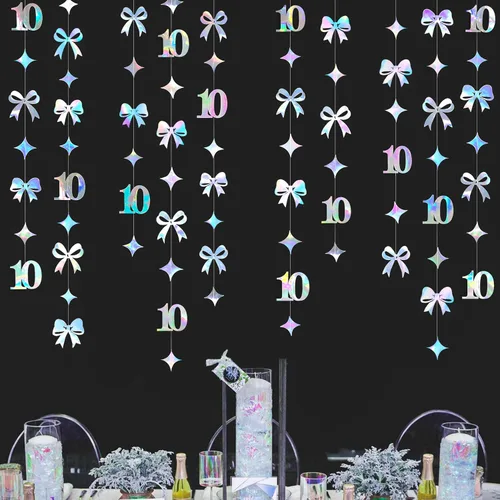 Miniatura 12 de Decoraciones negras de cumpleaños número 10, guirnalda de estrellas centelleantes con diseño de círculos, telón de fondo metálico para niñas, niños