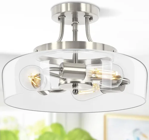 Miniatura 13 de Lámpara de techo industrial moderna semiempotrada con pantalla de vidrio transparente, lámpara de techo negra de 3 bombillas para cocina