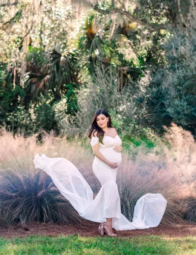 Miniatura 2 de ORQ Vestido de gasa de maternidad con hombros descubiertos para accesorios de fotos, vestido maxi de fotografía para sesión de fotos