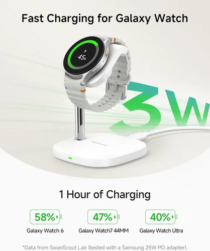 Miniatura 2 de Soporte de carga para Samsung Galaxy Watch 8/8 Classic/Ultra (2025)/7/Ultra/FE/6/6 Classic/5/5 Pro/4/3/Active 2/Active, SwanScout 505S (Blanco)