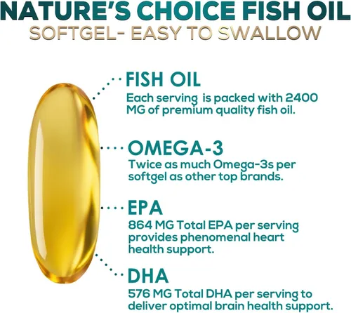 Miniatura 3 de Suplementos de aceite de pescado Omega 3 – 2400 mg de aceite de pescado por porción – Omega-3 de triple fuerza con ácidos grasos EPA y DHA – Apoyo