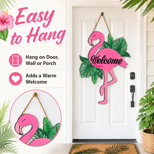 Miniatura 5 de Bucherry Letrero de bienvenida para puerta de flamenco, decoración tropical de verano, decoración tropical de madera, arte hawaiano de madera