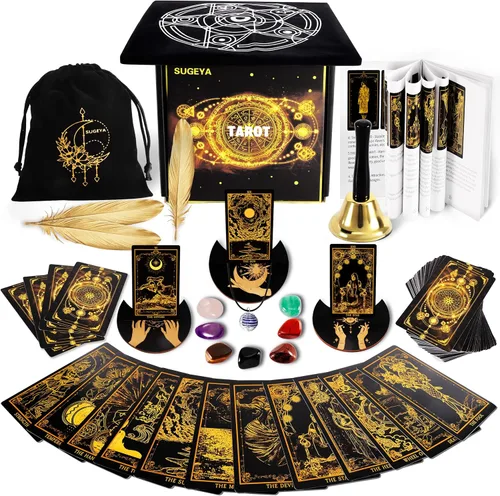 SUGEYA 78 cartas de tarot con libro guía, juego de regalo de tarot negro con tela de tarot, piedras de chakra y más, cartas de tarot, juego de