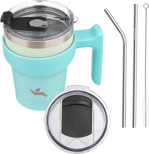 Miniatura 80 de Konokyo - Vaso de 10 onzas con asa y 2 popotes, 2 tapas, botella de agua aislada de acero inoxidable, taza de viaje reutilizable, color verde militar