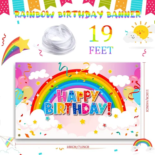 Miniatura 3 de Remerry Telón de fondo de cumpleaños arcoíris para niñas, colorido decoración de fiesta de feliz cumpleaños, pancarta para niñas, niños y adultos