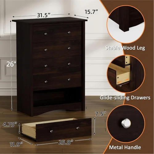 Miniatura 2 de Flamaker Cómoda alta para dormitorio, cómoda de 5 cajones, cómoda de madera, cómoda ancha, cajones de almacenamiento, organizador de almacenamiento