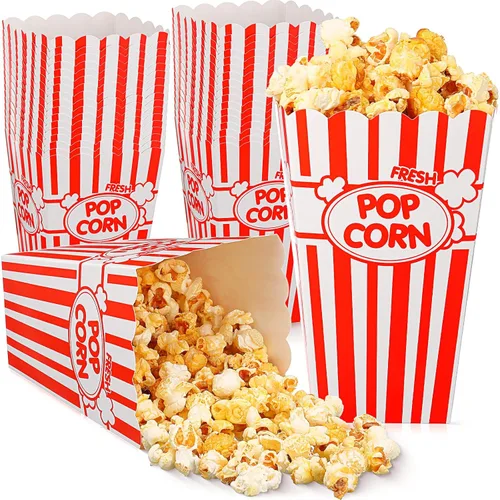 Miniatura 8 de Xinnun 100 piezas Cajas de palomitas de maíz 32 oz Cubos de papel clásicos con rayas desechables a prueba de aceite Caja abierta retro para Azul