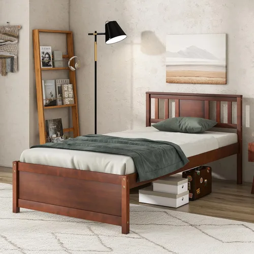 Miniatura 8 de Giantex Marco de cama individual con cabecero, cama de plataforma de madera maciza de mediados de siglo, cama de panel individual con soporte