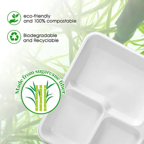 Miniatura 7 de ECOLipak Platos 100% compostables de 5 compartimentos, paquete de 125 platos de papel desechables, platos de caña de azúcar biodegradables de alta