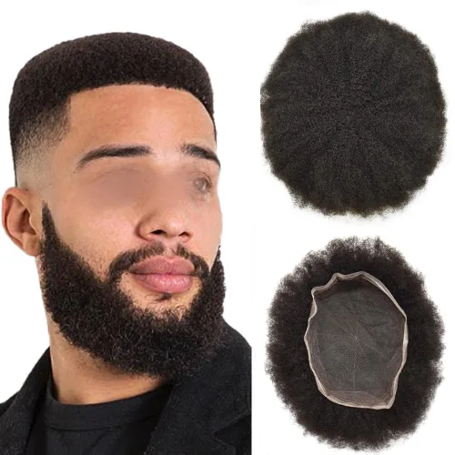 Miniatura 24 de Pelucas afro rizadas para hombre, con encaje francés, de 10 x 8 pulgadas, completamente transparente, de repuesto, sistema de cabello humano rizado