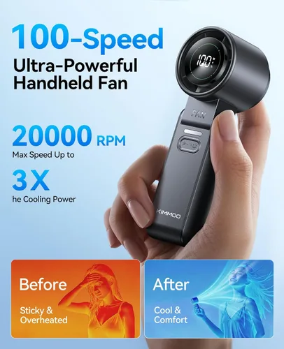 Miniatura 5 de KIMMOO Ventilador Turbo Portátil de Mano 3 en 1 - 100 Velocidades, 13500 RPM, 12 Horas de Refrigeración, Pantalla Digital, Rotación de 120°, Mini