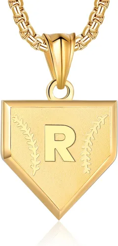 Miniatura 38 de Collar con inicial de la A a la Z para niños, de acero inoxidable, con dije de escudo de letra, cadena de 22 + 2 pulgadas, inspirador de béisbol