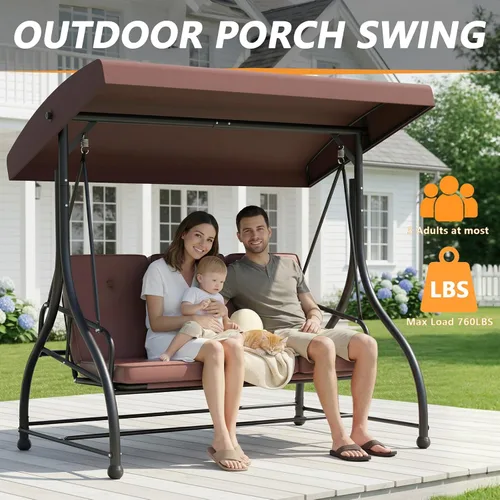 Miniatura 4 de Columpio para porche al aire libre de 3 asientos con soporte, capacidad de 760 libras, columpio de patio resistente para adultos, columpio Marrón