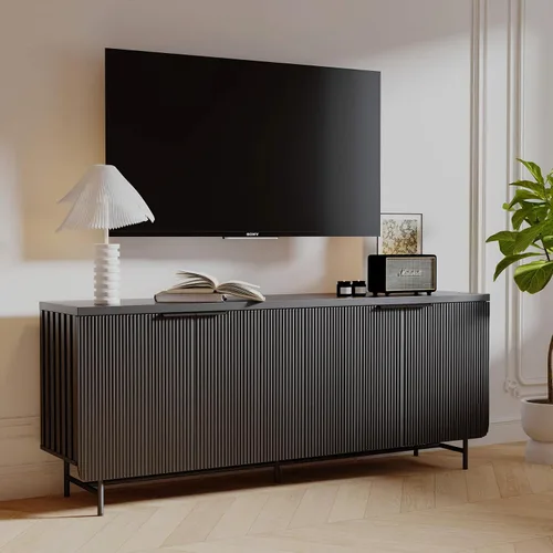 Soporte de TV acanalado de mediados de siglo para TV de 55 a 75 pulgadas, centro de entretenimiento negro con almacenamiento, soporte de televisión,