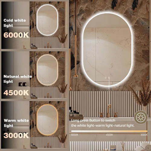 Miniatura 3 de Espejo LED ovalado de 36 x 24 pulgadas para baño, espejo de tocador iluminado en forma de píldora con luces, espejo retroiluminado sin marco montado