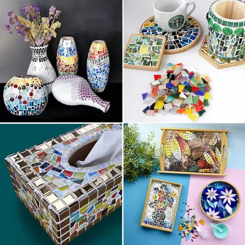 Miniatura 6 de LITMIND Azulejos de Mosaico de Vidrio Irregular Mezclado en Plata para Arte y Manualidades, Paquete de 9oz Suministros para Hacer Mosaicos, Kits