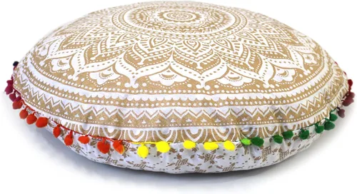 Miniatura 18 de Funda redonda para cojín de piso con mandala, estilo hippie, decorativa, bohemio, para puf otomano, con pompones, fundas de almohada, boho, indio