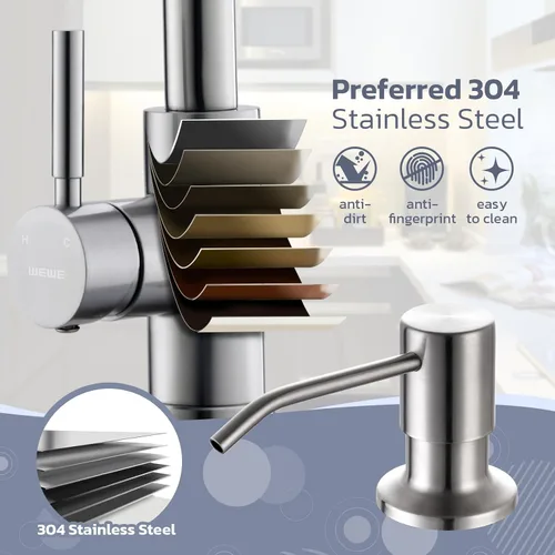Miniatura 4 de WEWE Grifo de fregadero de cocina con dispensador de jabón, grifo de cocina con rociador extraíble, 3 modos de acero inoxidable, mango único, Níquel