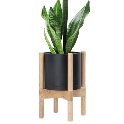 Miniatura 20 de Maceta de D'vine Dev con soporte - Maceta de flores de cilindro de plástico de 8.0 pulgadas con soporte de madera para interiores, maceta mate negra