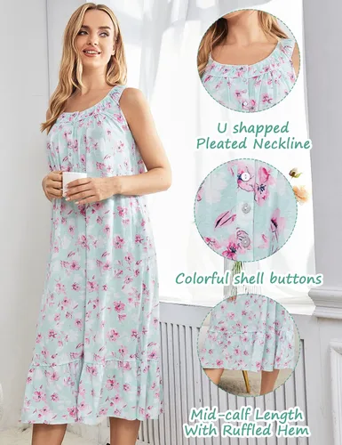 Miniatura 2 de IZZY + TOBY Camisones de algodón para mujer, sin mangas, suave, camisón de noche, camisón largo