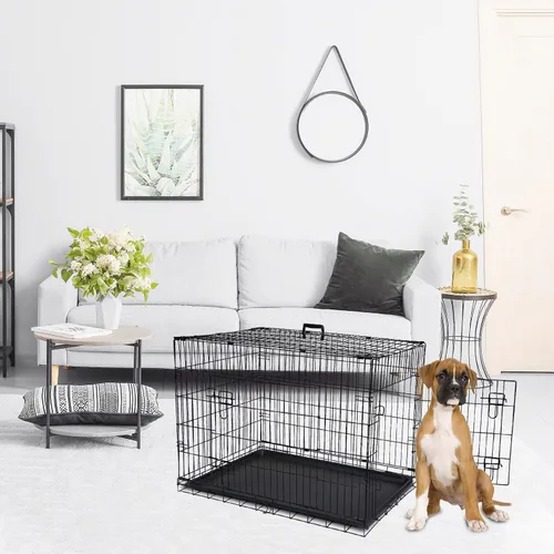 Miniatura 8 de Jaulas de doble puerta para perros de 36 pulgadas, jaula de alambre plegable de metal para perreras con bandeja para perros pequeños, medianos